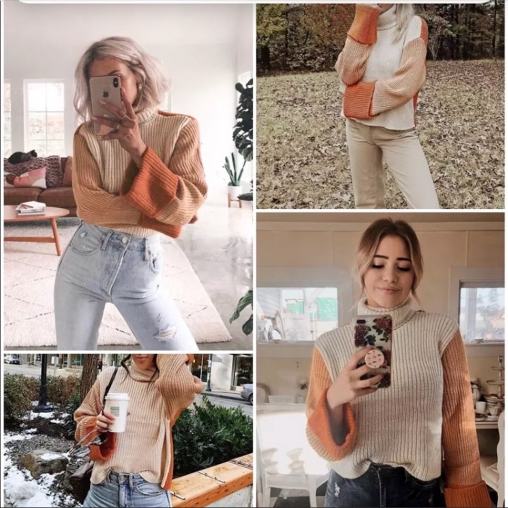 New! Cream Orange Color Block turtleneck sweater - Picture 3 of 7